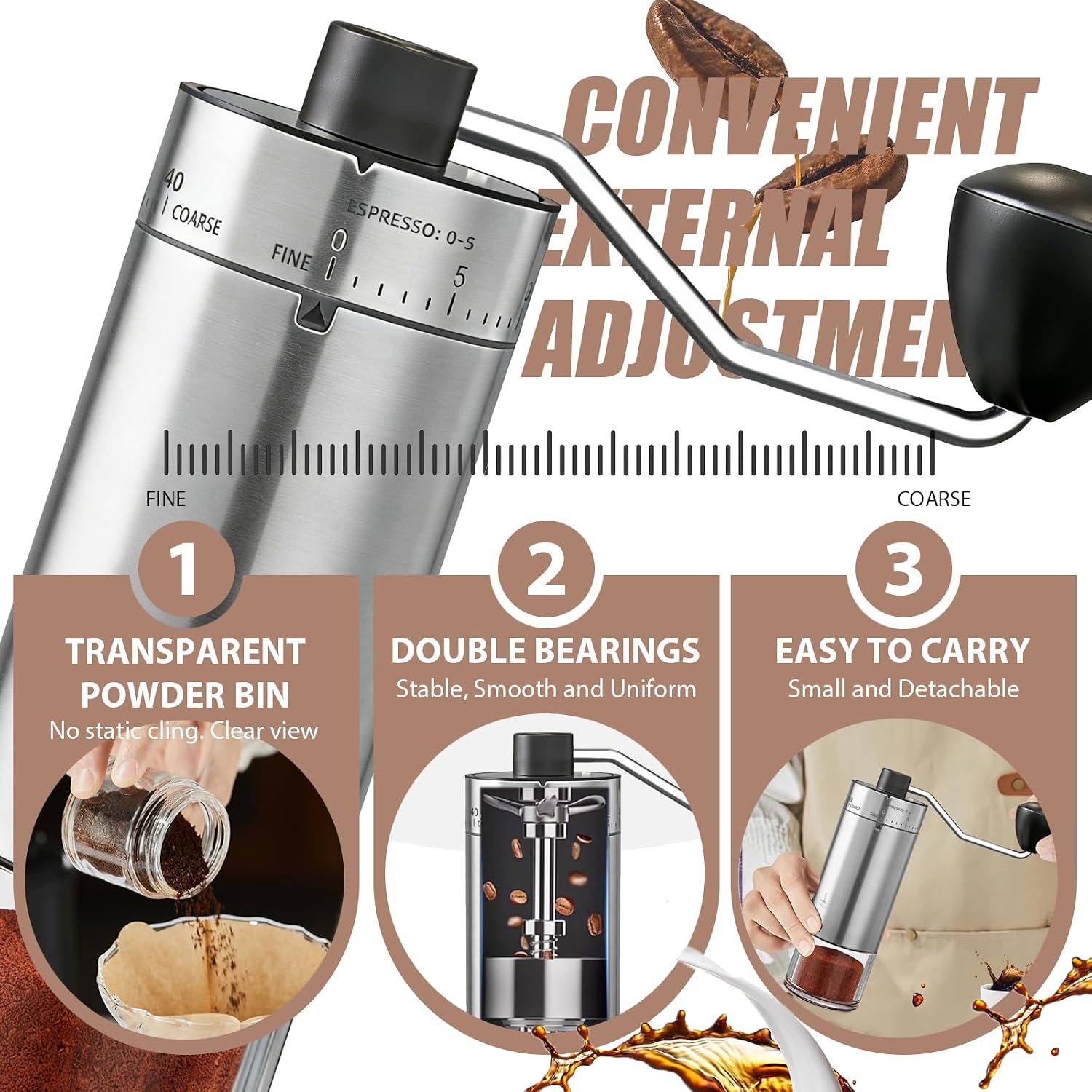 Manual Coffee Grinder, 40 External Settings, Ceramic Burr