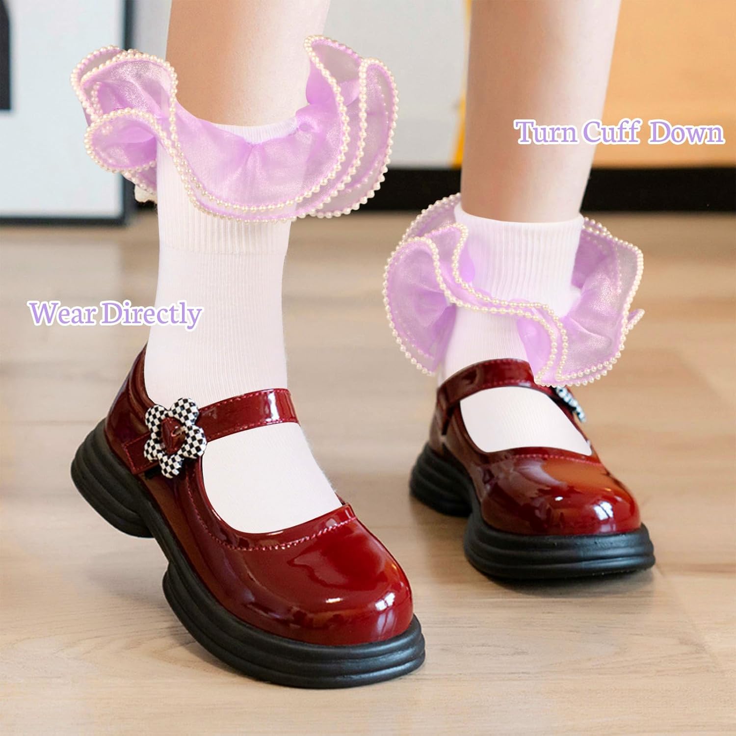 Girls Ruffle Socks, 3 Pairs White Pearls Lace Frilly Dress Socks, Big Turn Cuff Fancy Pageant Sock for Toddler 1-10 - Image 3