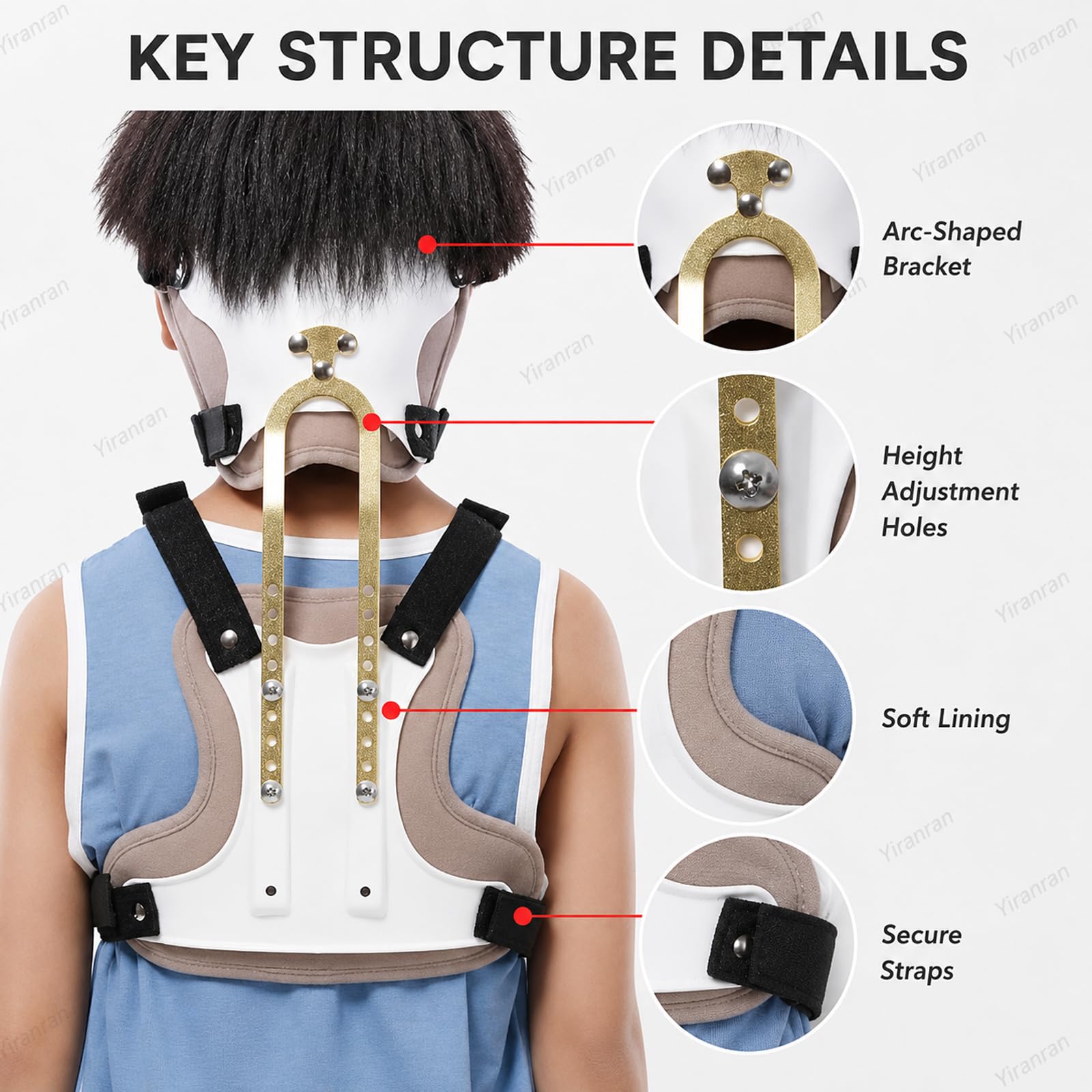 Ortesis de columna para niños,collarín cervical,órtesis cabeza, cuello y pecho,ajustable libremente,transpirable y agradable para la piel,con soporte lumbar en U para el alivio lesiones cuello y