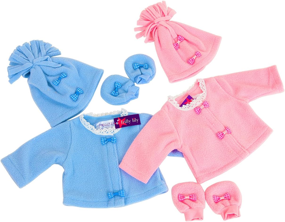 Frilly Lily 14-18 Inch Doll Twin Set - Fleece Jacket, Hat & Mittens in Pale Blue & Pink