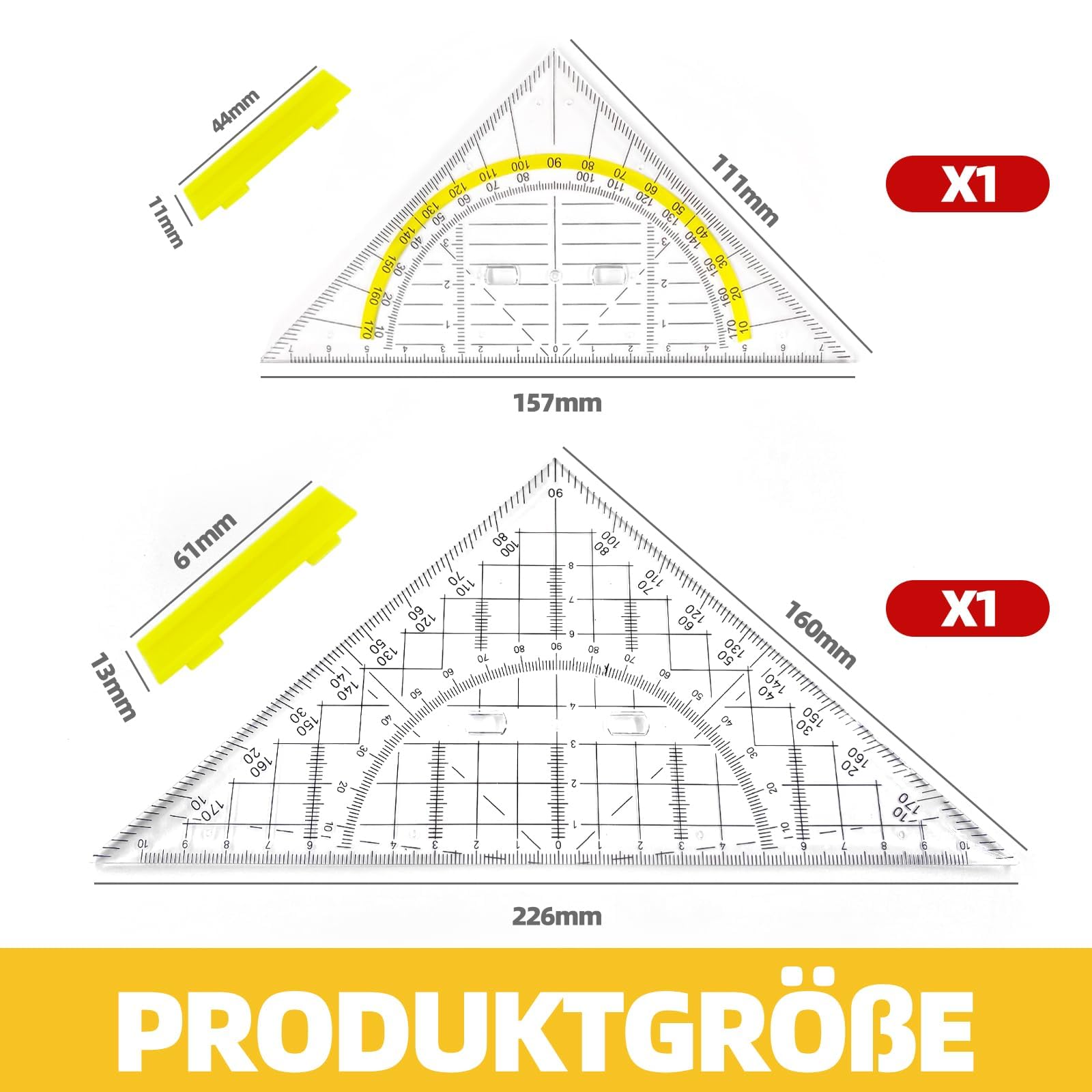Trójkąty geometryczne z uchwytem, 20 cm i 14 cm, kątomierz, zdejmowany uchwyt, wypustki do tuszu, skala metryczna, zestaw 2 sztuk