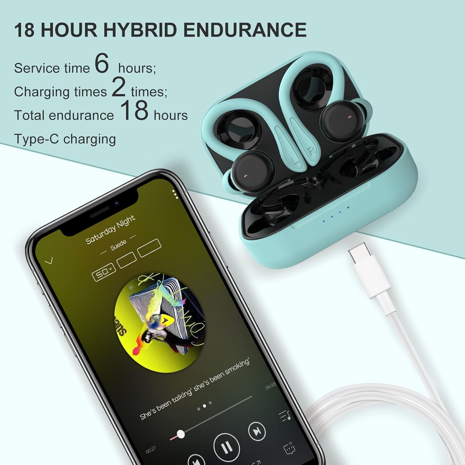 Xmenha earbuds and charging case connected to a USB-C cable, with a smartphone displaying music playback, illustrating 18-hour hybrid endurance.