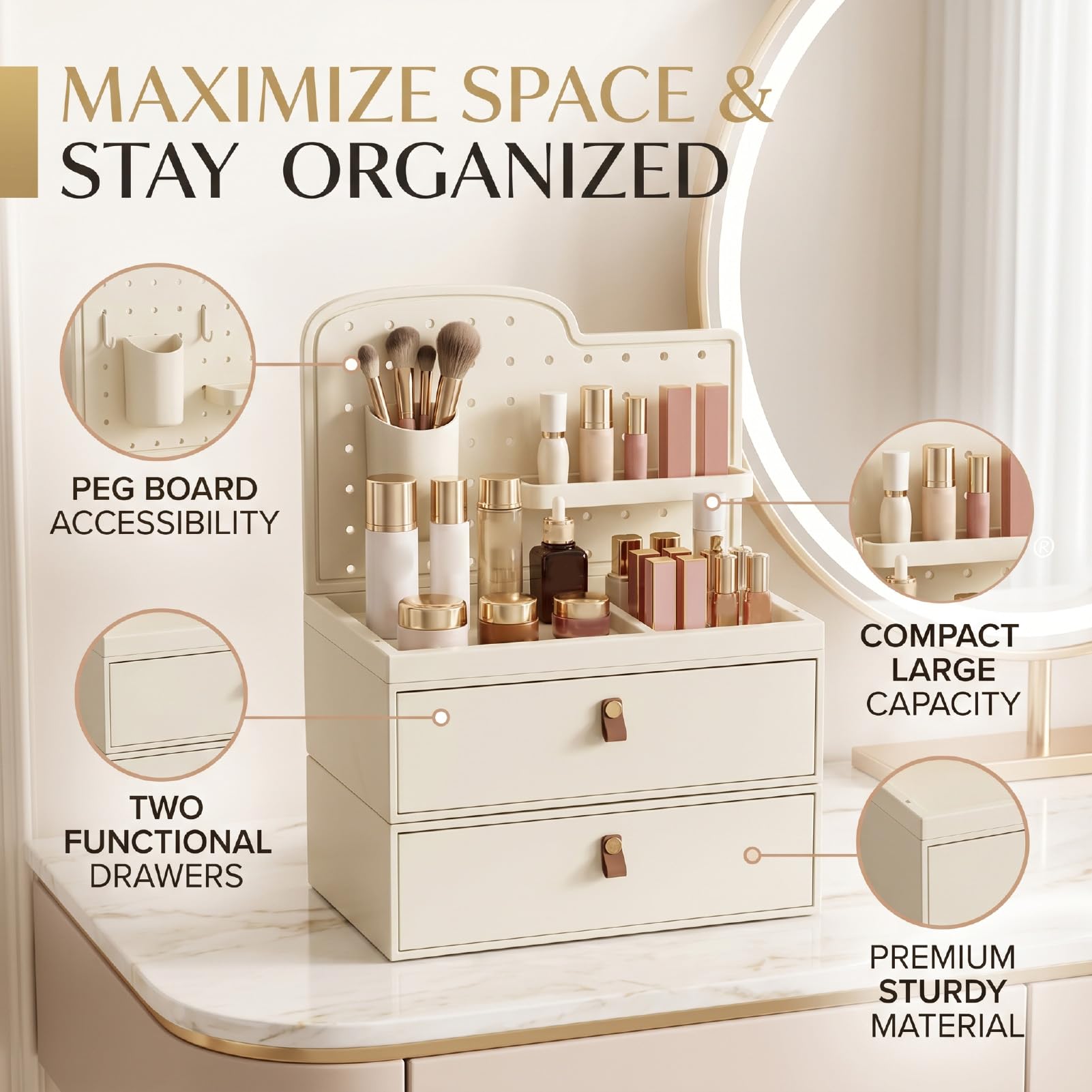 Generic Organizer na Przybory do Makijażu z Szufladami Pegboard Praktyczny Pojemnik na Kosmetyki do Przebieralni, Dwuwarstwowy, Trwały ABS + PP