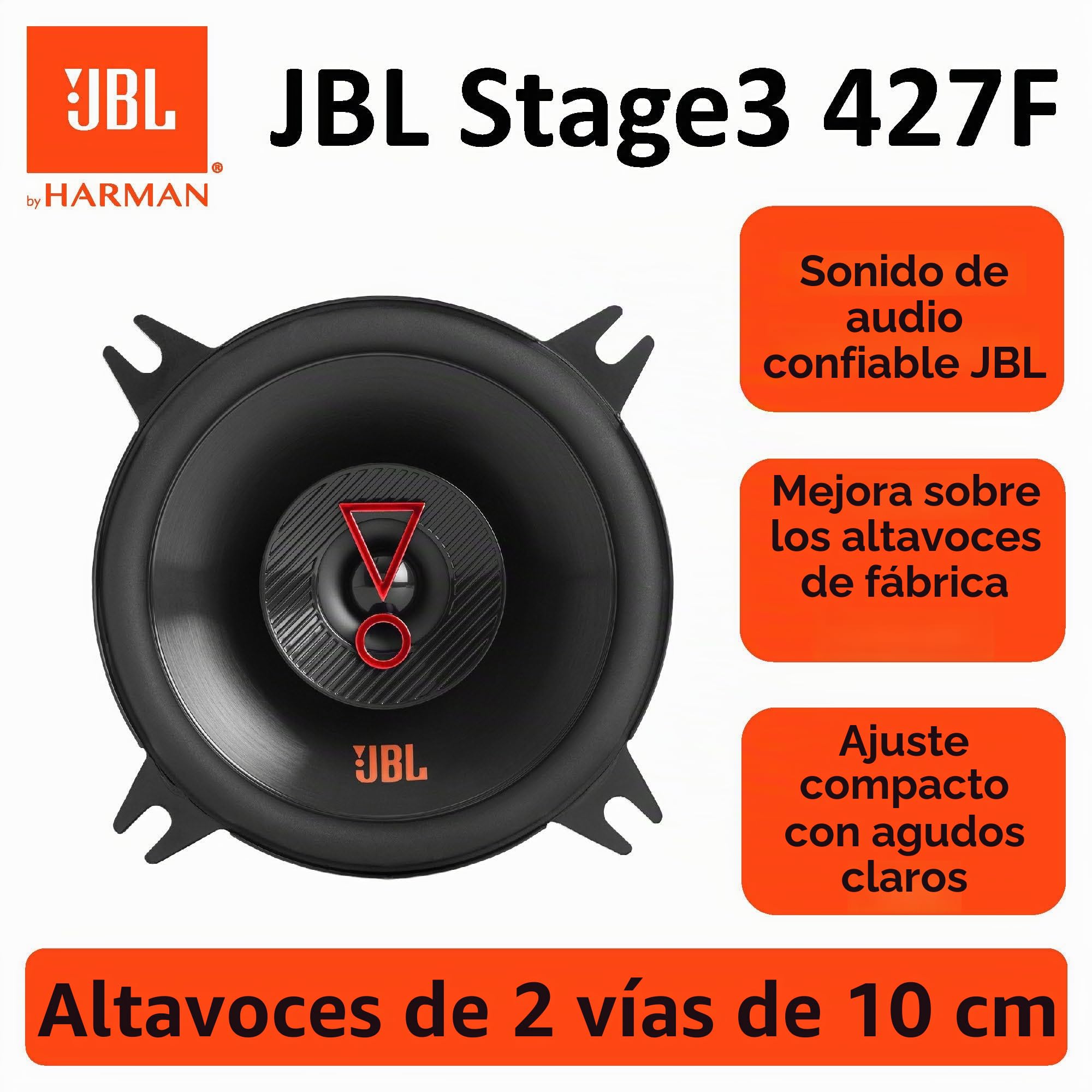 JBL Stage3 427F Altavoces Coaxiales 2 Vías 4 in / 10 cm para Coche | 30 W RMS / 150 W pico, 90 dB, 3 Ohm, 75 Hz-20 kHz - cono Plus One - tweeter cúpula PEI - diseño delgado