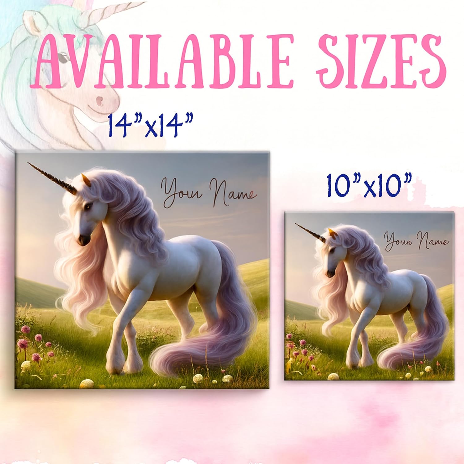 Customizable Unicorn Canvas Wall Art – Personalized Name Sign for Girls’ Room – Cute Majestic Unicorn with Pastel Flowers – Perfect Nursery Decor, Fairy Tale, Princess & Magical Theme Wall Art (14x14 inch)