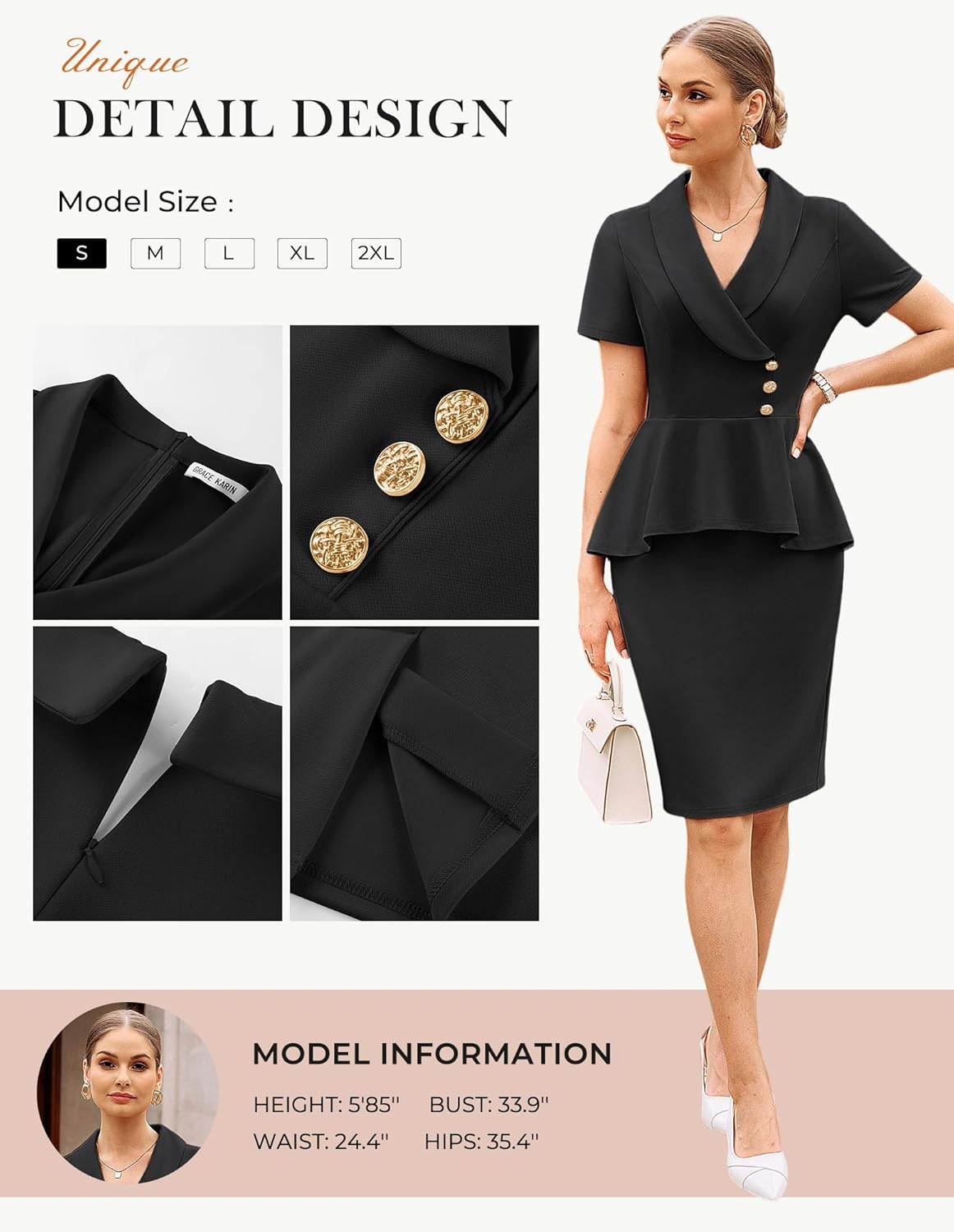 GRACE KARIN Work Dresses for Women 2026 Short Sleeve Bodycon Business Midi Dress Lapel V Neck Office Church Sheath Outfits - Image 5