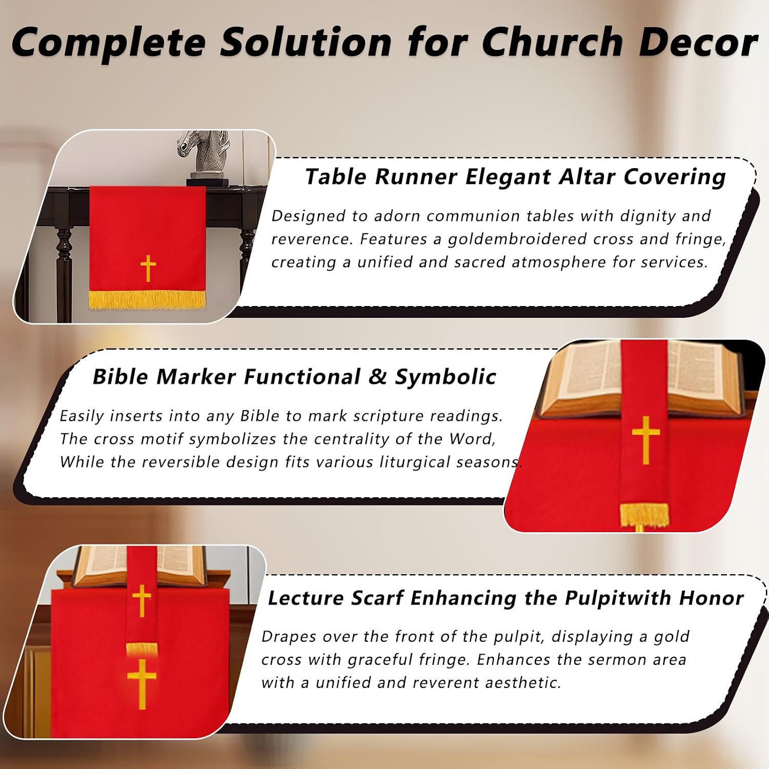 Set of 3 Reversible Parament Set, Evenly Sewn Pulpit Scarf Bible Bookmark Communion Table Runner for Church, Communion Table Cloths for Church Easter Pentecost Worship