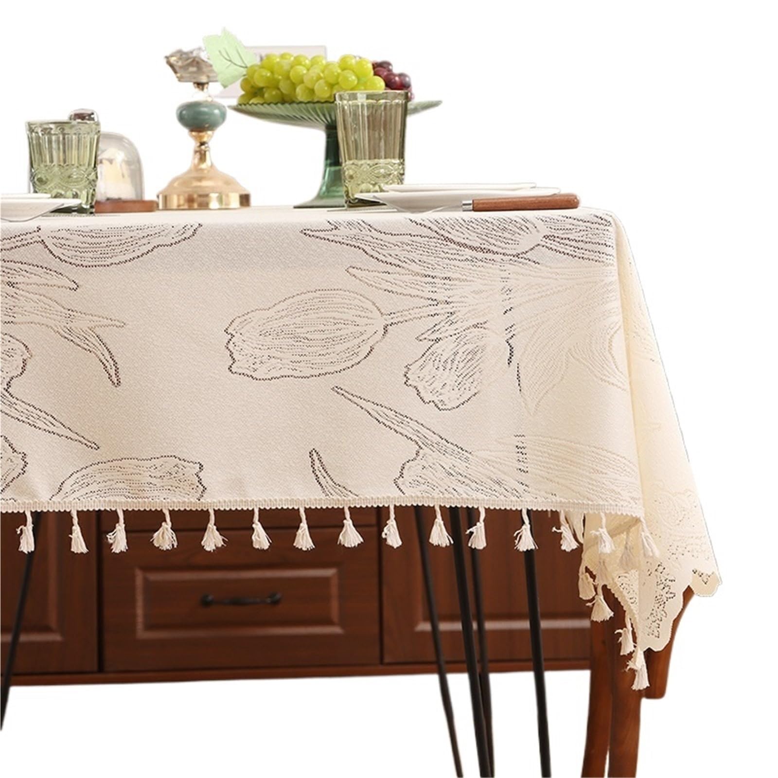 VIOLDHHJK Lace Tablecloth Lace Rectangle Tassel Tablecloth Wedding Tabletop Decoration Dining Table Coffee Covers Home Decor(140X180)