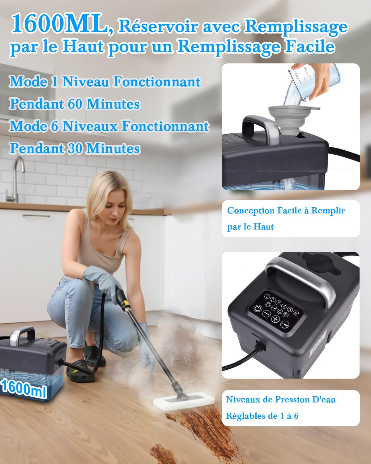 Upgrade Nettoyeur Vapeur Portable - 2500W, 6 Niveaux de Réglage, Réservoir D'eau 1,6L, 120 °C Vapeur, Chauffage en 15s,Portable avec 10 Accessoires, Nettoyage des Canapé,Sol,Vitre,Matelas,Gris