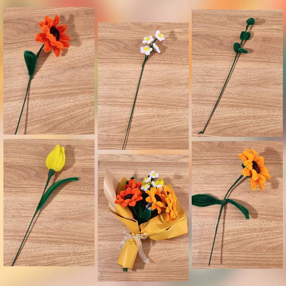 SUNNYCLUE 144pcs Pipe Cleaner Kit Chenille Stems Flower Yellow Sunflower Floral Fall Pipe Cleaner Creative Ornaments Craft DIY Kit with Video Instruction for DIY Art Crafts Creative Gifts Projects - Image 3
