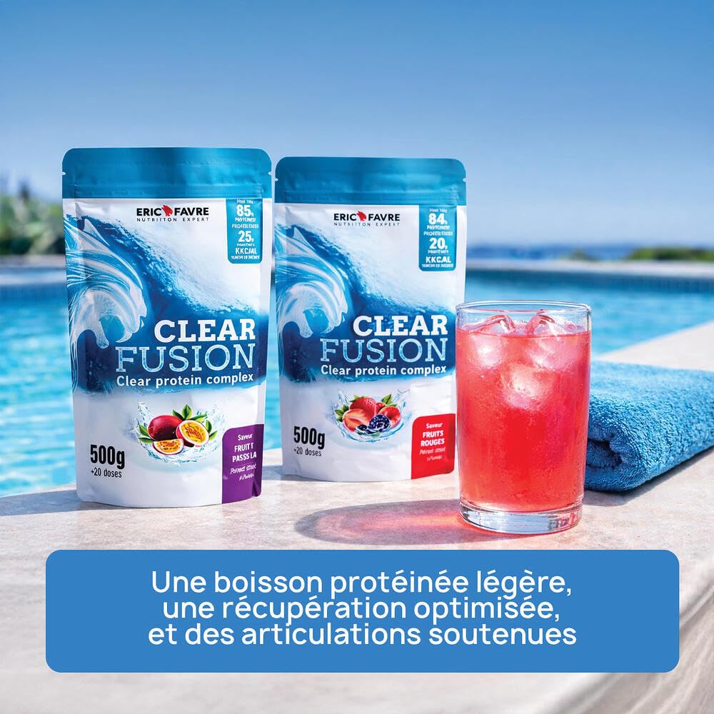 CLEAR FUSION - Protéine Clear Whey 84% - Collagène & Acide Hyaluronique - Faible en Sucres Sans Matières Grasses - 500g - Boisson Protéinée Légère Saveur Passion - Eric Favre