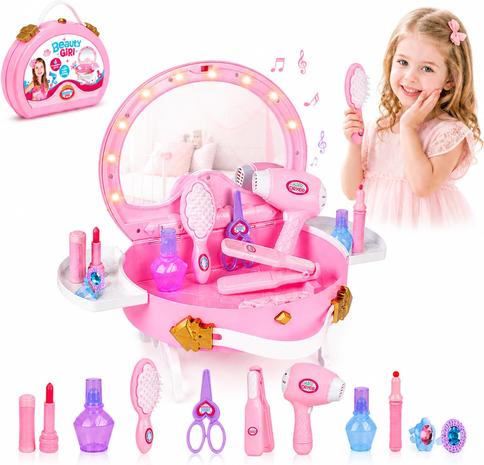 Toddler Vanity - Kids Pretend Play Princess Vanity Set with Mirror & Makeup Accessories, Lights and Music, Princess Vanity for Little Girls, Toddler Girl Toys