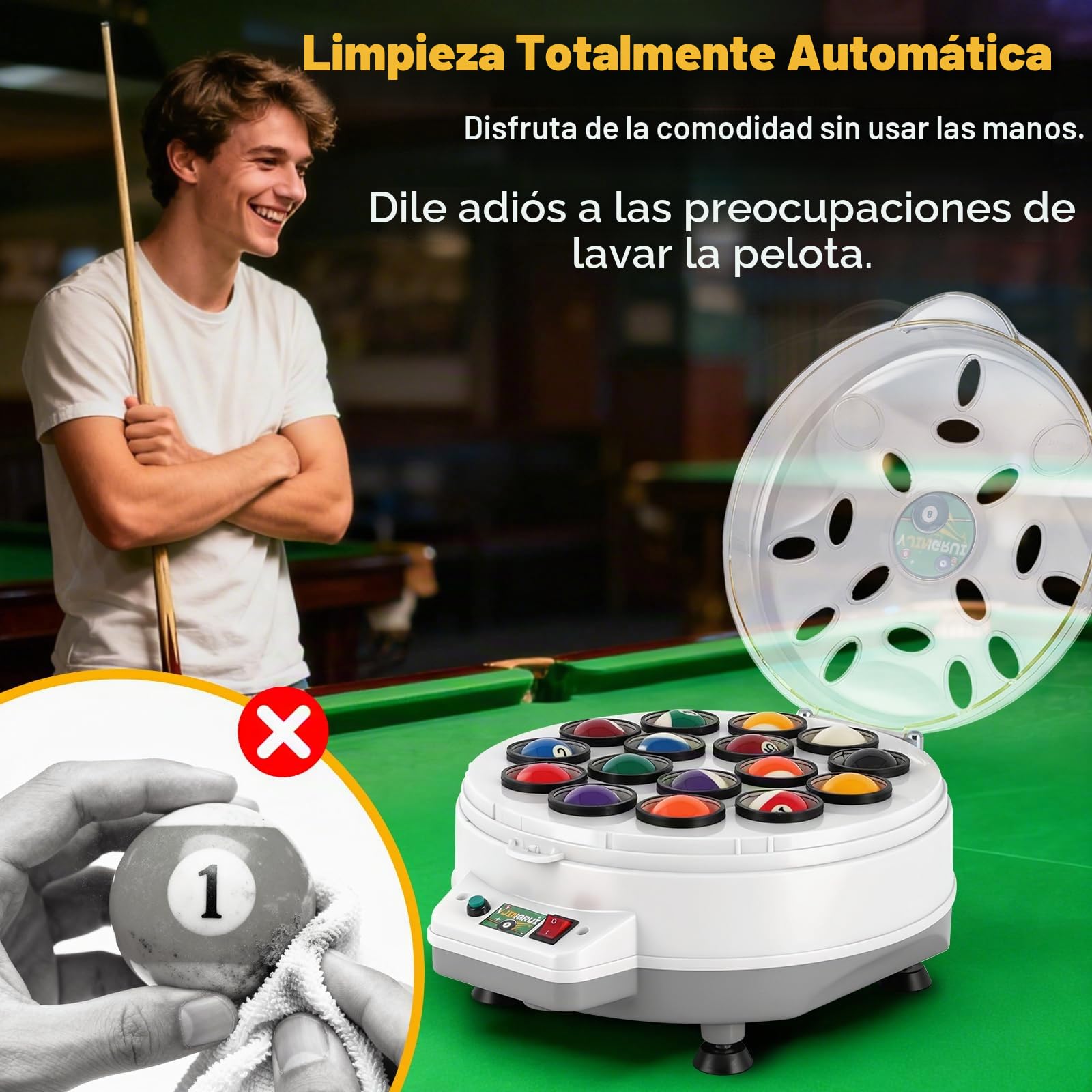 YJINGRUI Limpiador automático de bolas de billar, 16 bolas de piscina, pulidora, máquina de limpieza de bolas de billar, con llave y cepillo para bolas de billar de 57,2 mm