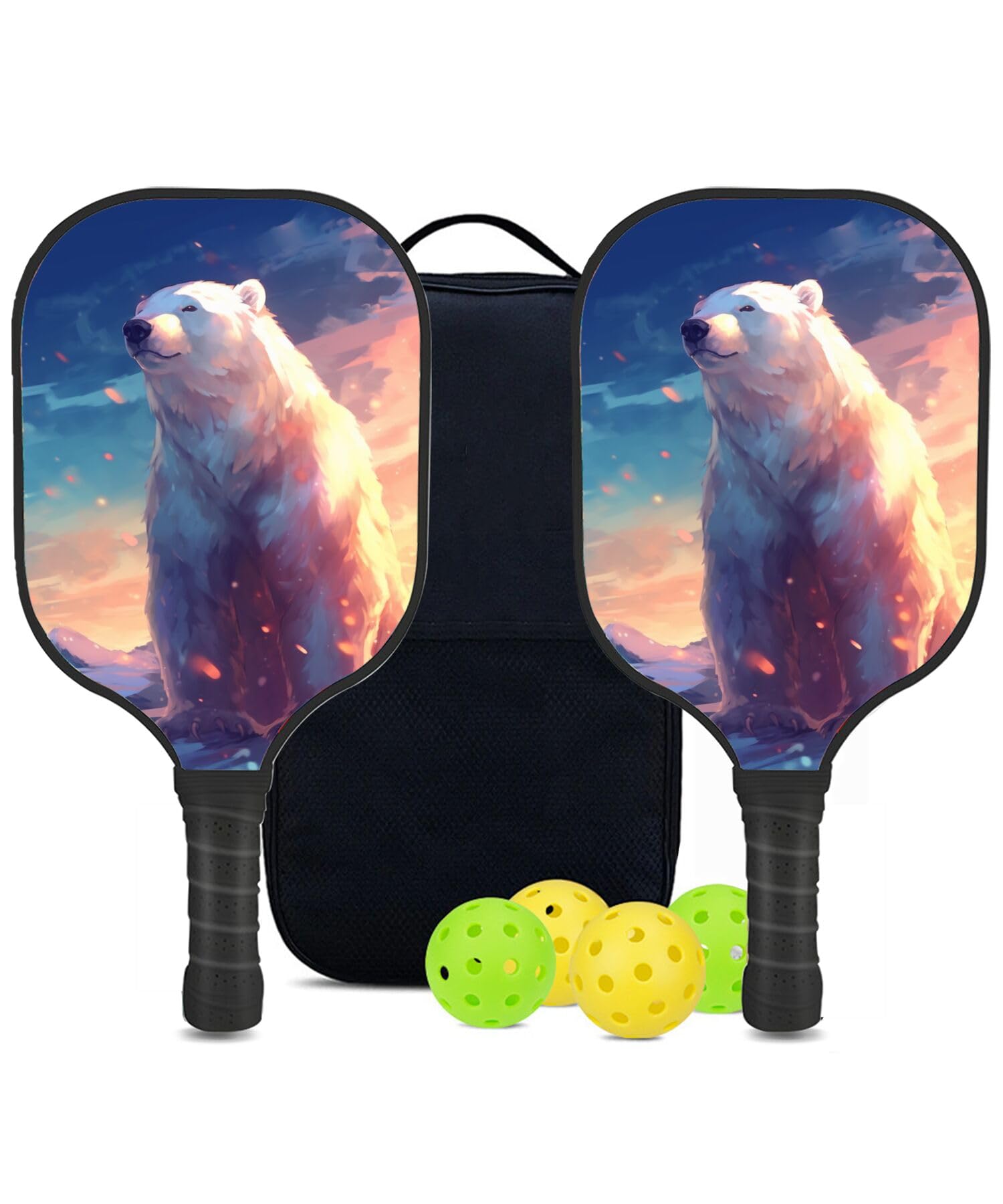 SHENCANG BLUE Custom Pickleball Paddles Set with 2 Pickleball Rackets 4 Pickle Balls 1 Carry Bag, Polar bear-BI714 Pattern, Carbon Fiber,Honeycomb Polymer Core & Comfort Grip