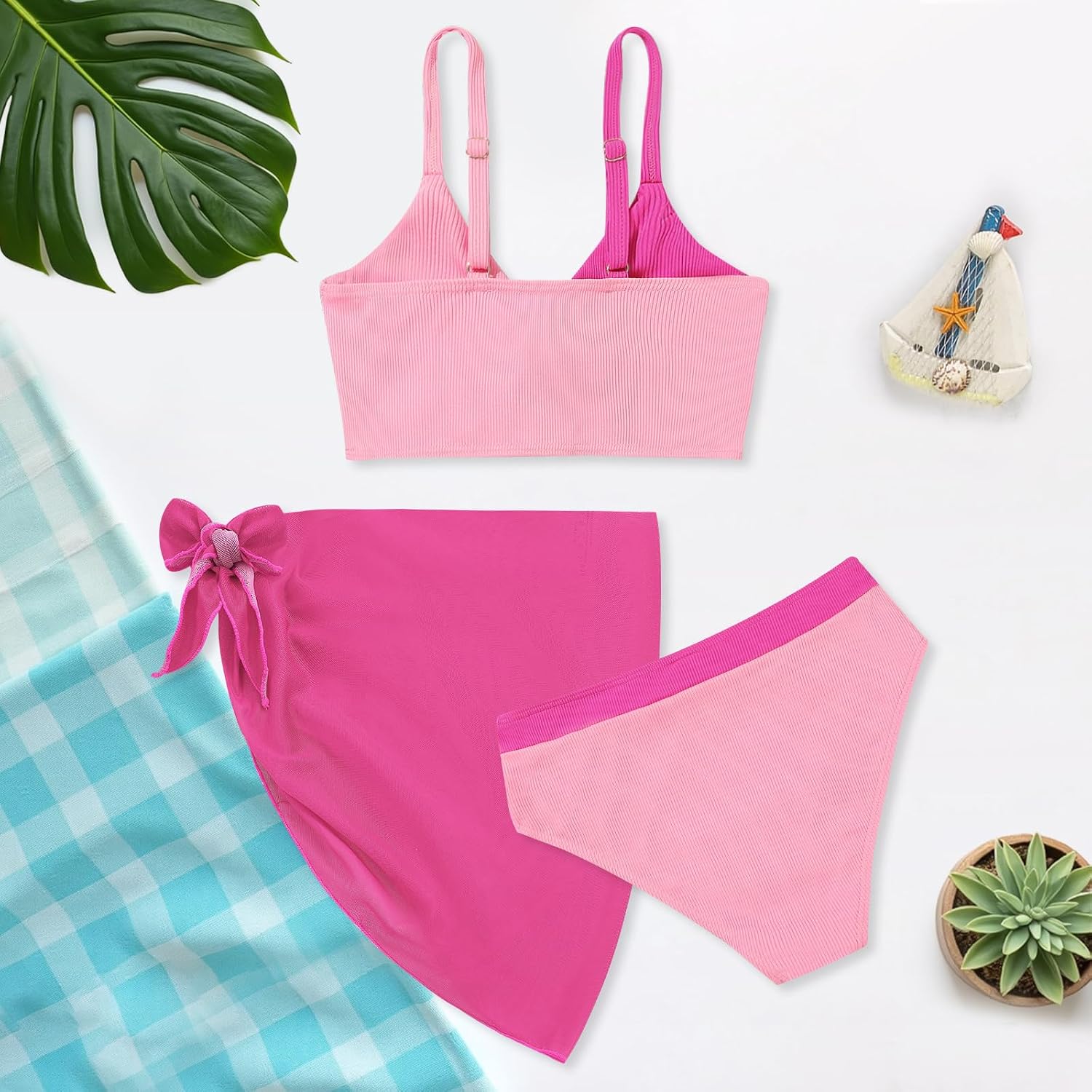 Weixinbuy Girl's 3 Piece Girls Swimsuit,V-Neck Twist Cross Bikini Set Swimwear 9-16Y Teen Bathing Suit with Cover Up Skirt