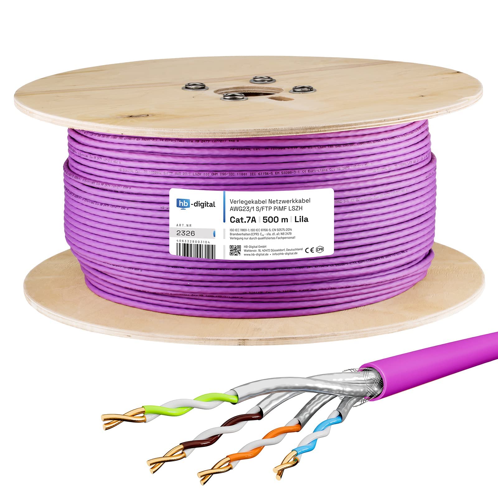 hb-digital 500m CAT.7a Cable de Red Púrpura Cable de Instalación Ethernet LAN AWG23 Cobre Puro S/FTP PiMF LSZH Halogen Free RoHS Compliant PoE 10Gbit/s max. 1200MHz + Pelacables