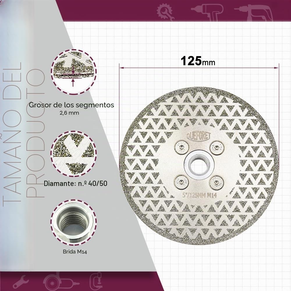 Disco Diamante para Porcelánico 125mm - Disco de Corte para Cortar y Moler Granito Mármol Cerámica Azulejos Cuarzo, Brida M14
