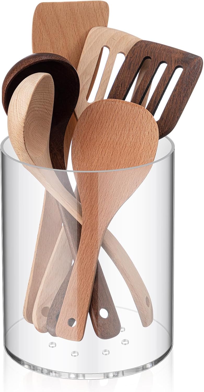 Threehoney Clear Utensil Holder 6.8''+5.4''acrylic Kitchen Counter Utensil Crock Plastic Cooking Tool Organizer Easy to Clean Cooking Spoon Holder for Spatula Modern Kitchen Accessories