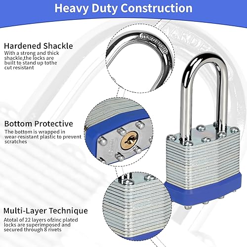 Miniatura 5 de LQYN Candado laminado con llave (1-916 pulgadas, 1.575 in), cerraduras iguales con llave, aro azul, grillete largo, paquete de 60, cerradura para