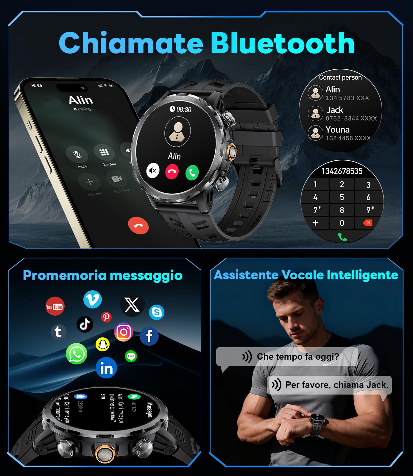 Militar Reloj Inteligente Hombre con 1000mAh/Linterna/1.7'' HD Grande Smartwatch Hombre con Llamadas/Doble Carga/IP68 Impermeable/100+ Modos Deportivos/Pulsómetro/Sueño/Pulsera Actividad Android iOS