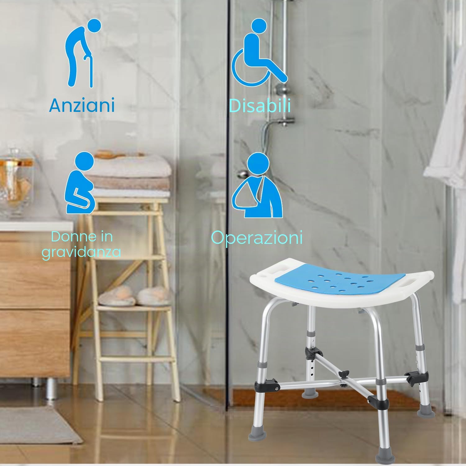Sgabello doccia per Anziani, 180 kg, in alluminio, antiscivolo, regolabile in altezza, 38-54 cm, con doppia traversa e cuscino, montaggio senza attrezzi