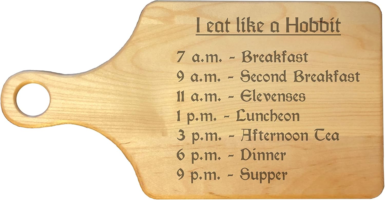 Nerdy Gifts Eat Like a Hobbit Meal Times Engraved Natural Wood Cutting Board Paddle Shaped Cooking (Bamboo)