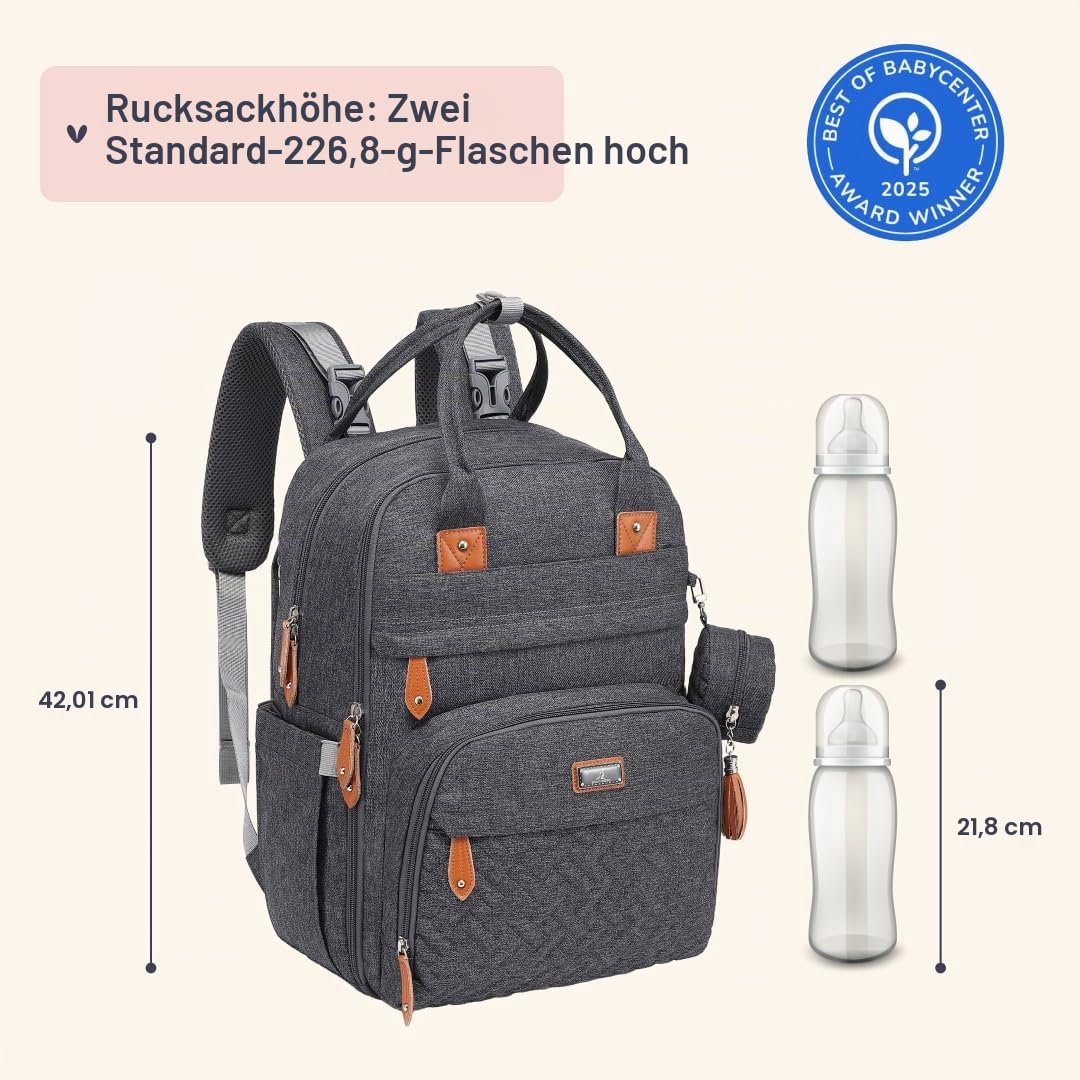 BabbleRoo Wickeltaschen-Rucksack, multifunktional, wasserdicht, Reise-Rucksack mit Wickelunterlage und Kinderwagengurten und Schnulleretui, Unisex und stilvoll (dunkelgrau)
