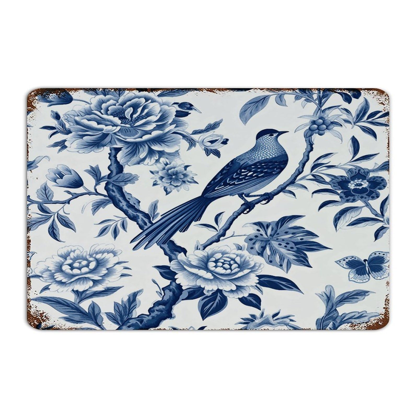Plaque en métal vintage bleu haut de gamme style chinoiserie botanique