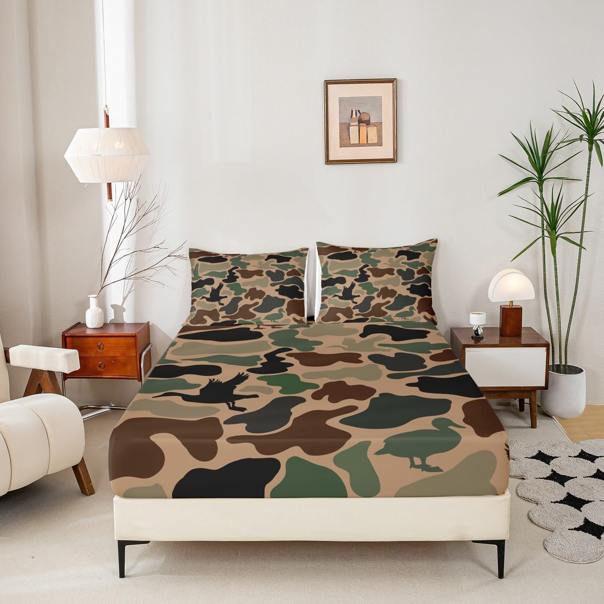 Army Green Camo Fitted Sheet Twin Size,Wild Duck Silhouette Bedding Set 2Pcs for Kids Boys Teens Men Room Decor,Retro Camouflage Bed Cover Hunting Animals Theme Deep Pocket Sheet,1 Pillowcase image 3
