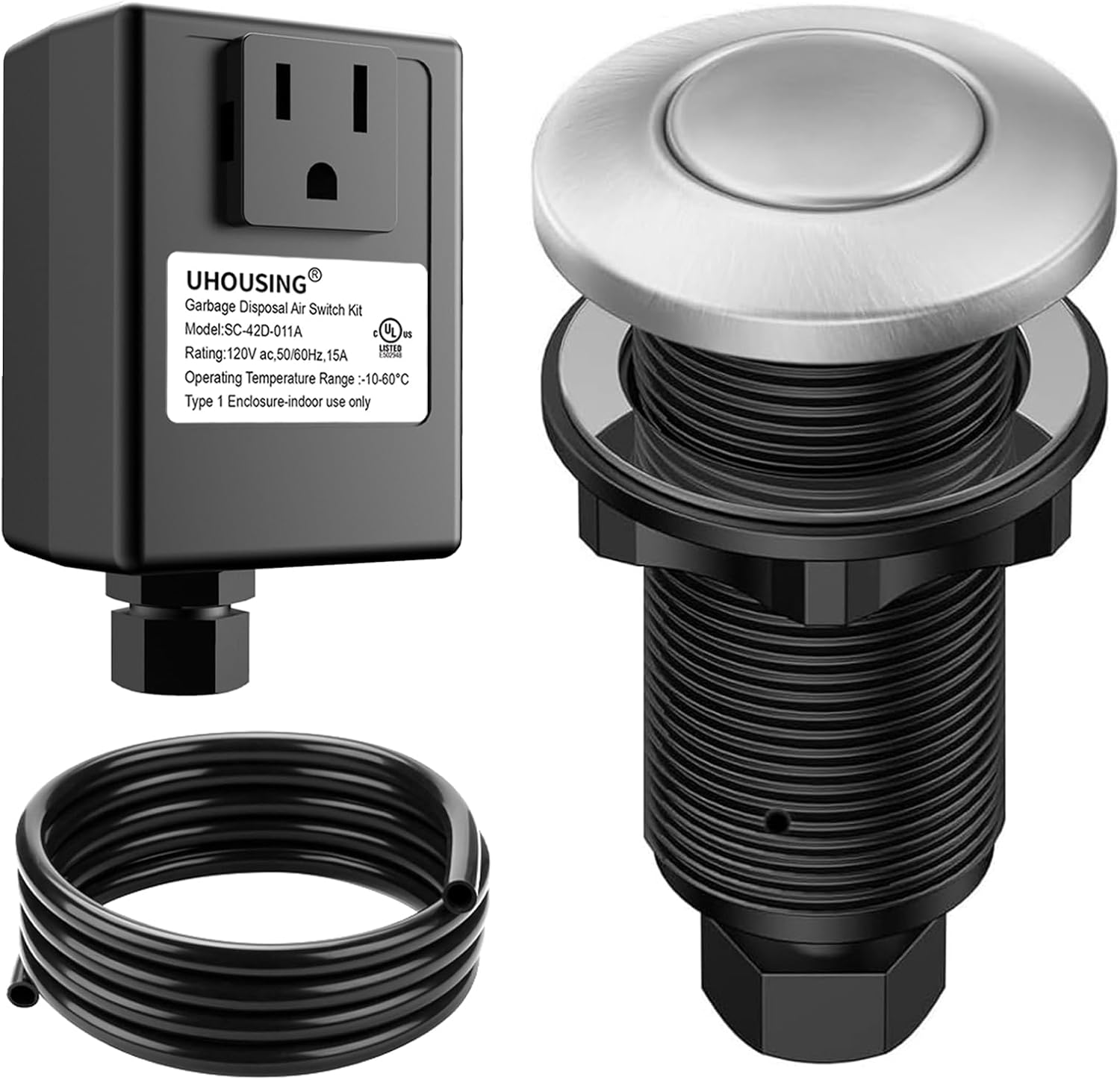 Garbage Disposal Air Switch Kit - UL Certified, Brass Anti-Smudge Button, Complete Kit with Air Hose, Adapter & Cord, Fits All Disposals (Stainless Steel Brushed)
