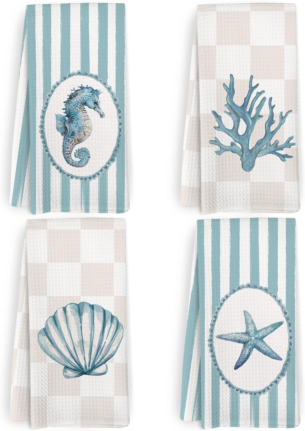 Coastal Beach Kitchen Towels and Dishcloths Set of 4, Beachy Striped Checkered Dish Towels, Seahorse Coral Seashell Starfish Decorative Hand Tea Towel for Bathroom Kitchen, 16x24 Inch
