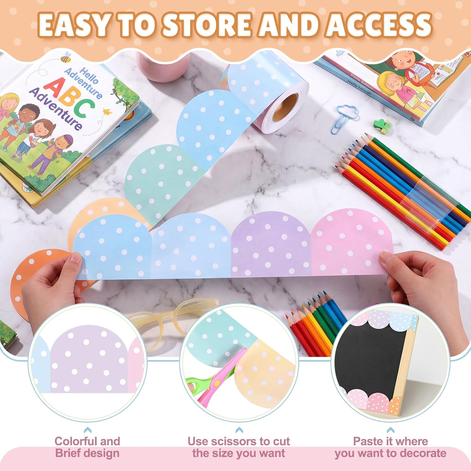 Zonon 65 ft Pastel Bulletin Board Borders Colorful Classroom Borders Polka Dot Scalloped Border Trim Roll Back to School Decoration for Classroom Chalkboard Home Wall Office