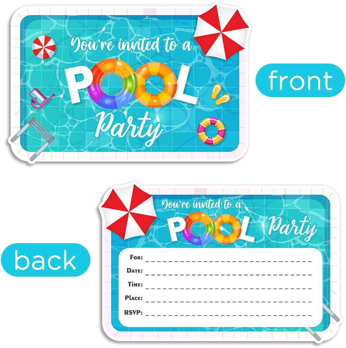 Yangmics Direct Pool Party Summertime Invitations (30 Count with Envelopes) - Kids Birthday Invitations for Boys or Girls, Boys & Girls Pool Party Supplies for Children, Teens & Adults