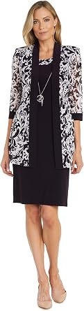 R&M Richards Womens 2-Piece Black & White Jacket Dress Set W/Necklace