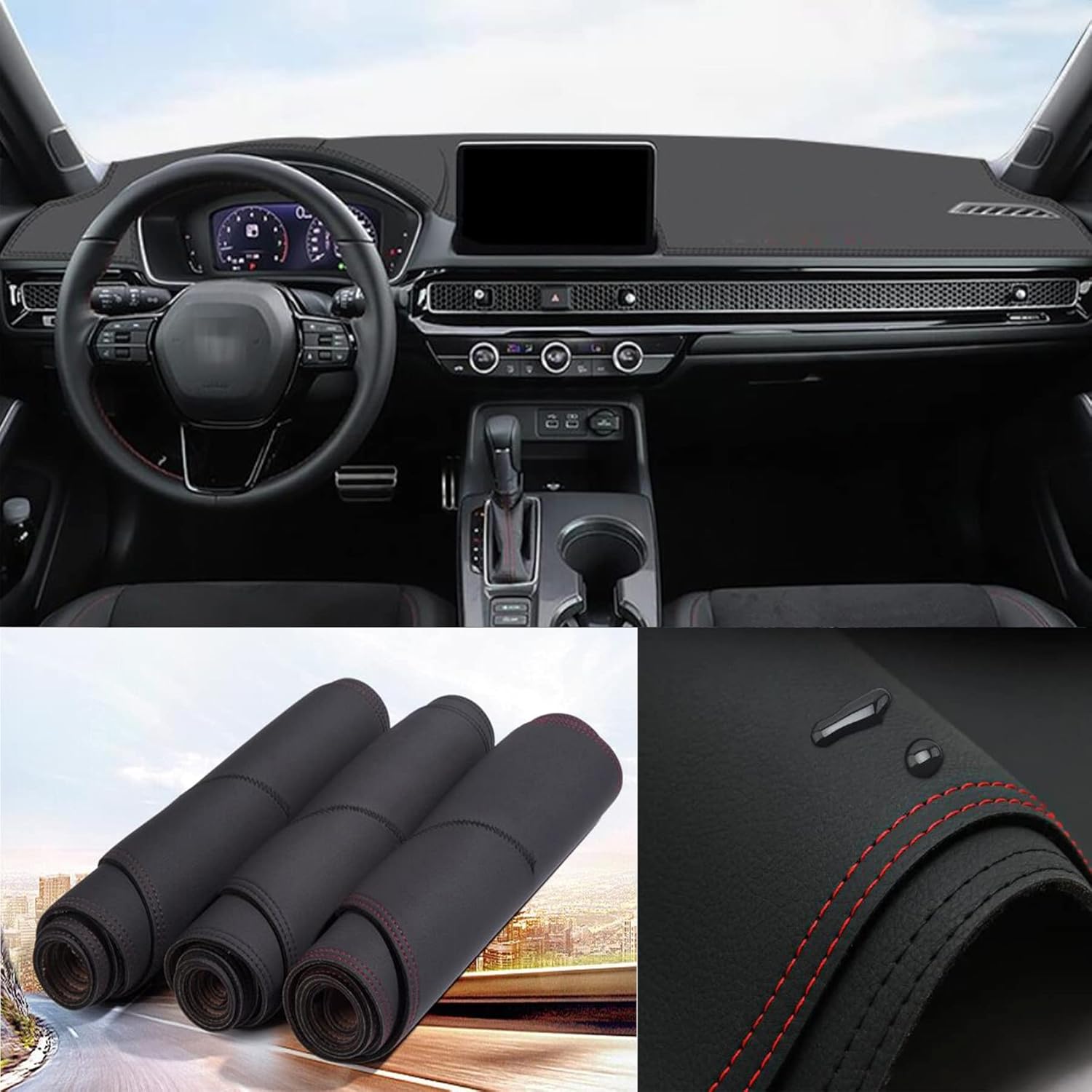 Black Leather Dash Mat Dashboard Cover Dash mat Interior Pad for Honda Civic 2022-2023