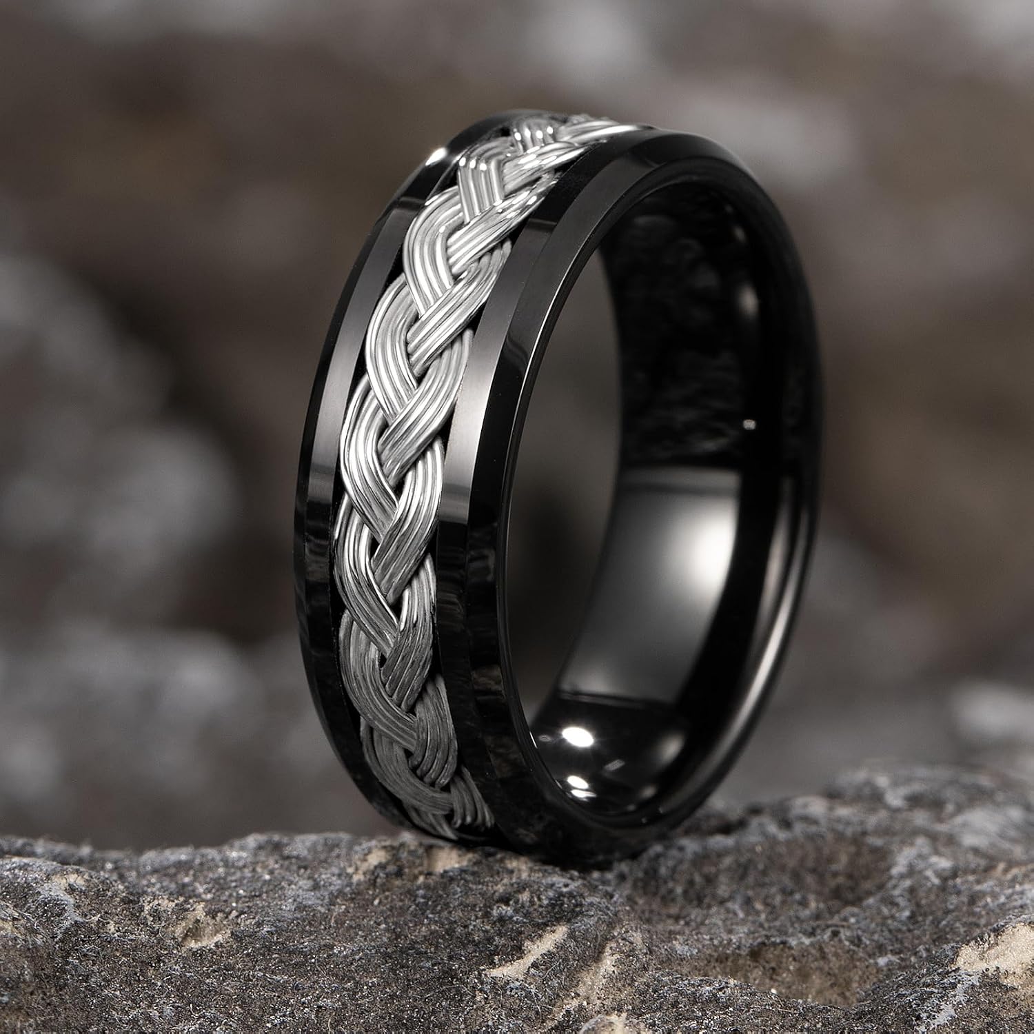 NUNCAD 8mm Men's Wedding Band Tungsten Carbide Rings,Black Rings for Men with Silver Stainless Steel Inlay,Comfort Fit High Polished Finish Beveled Edges Scratch-Resistant Ring Size 7-12