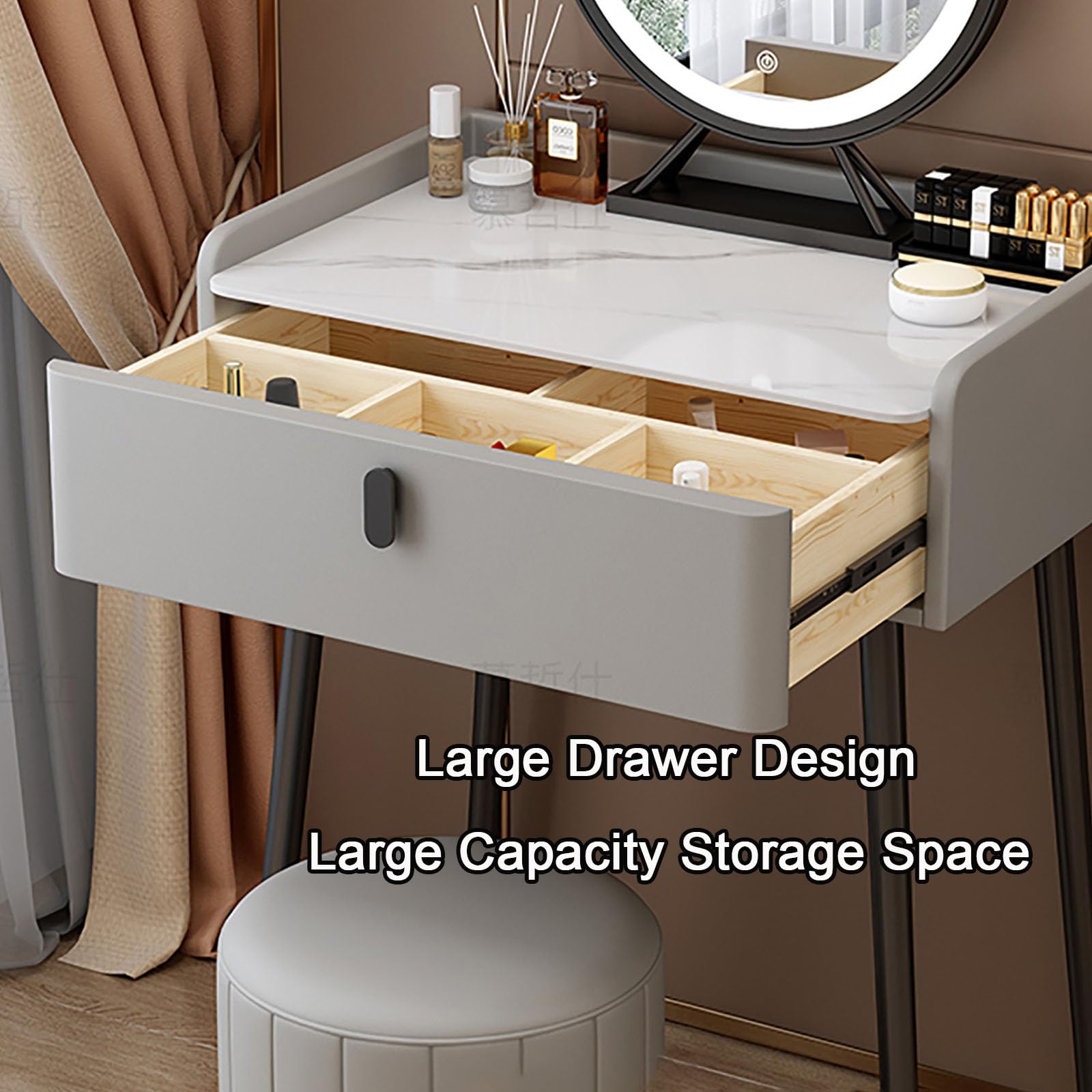 Set da scrivania a LED con specchio illuminato e sgabello imbottito, elegante tavolo da toeletta per camera da letto e studio, dimensioni compatte, 70 cm, design moderno, perfetto per gli amanti della
