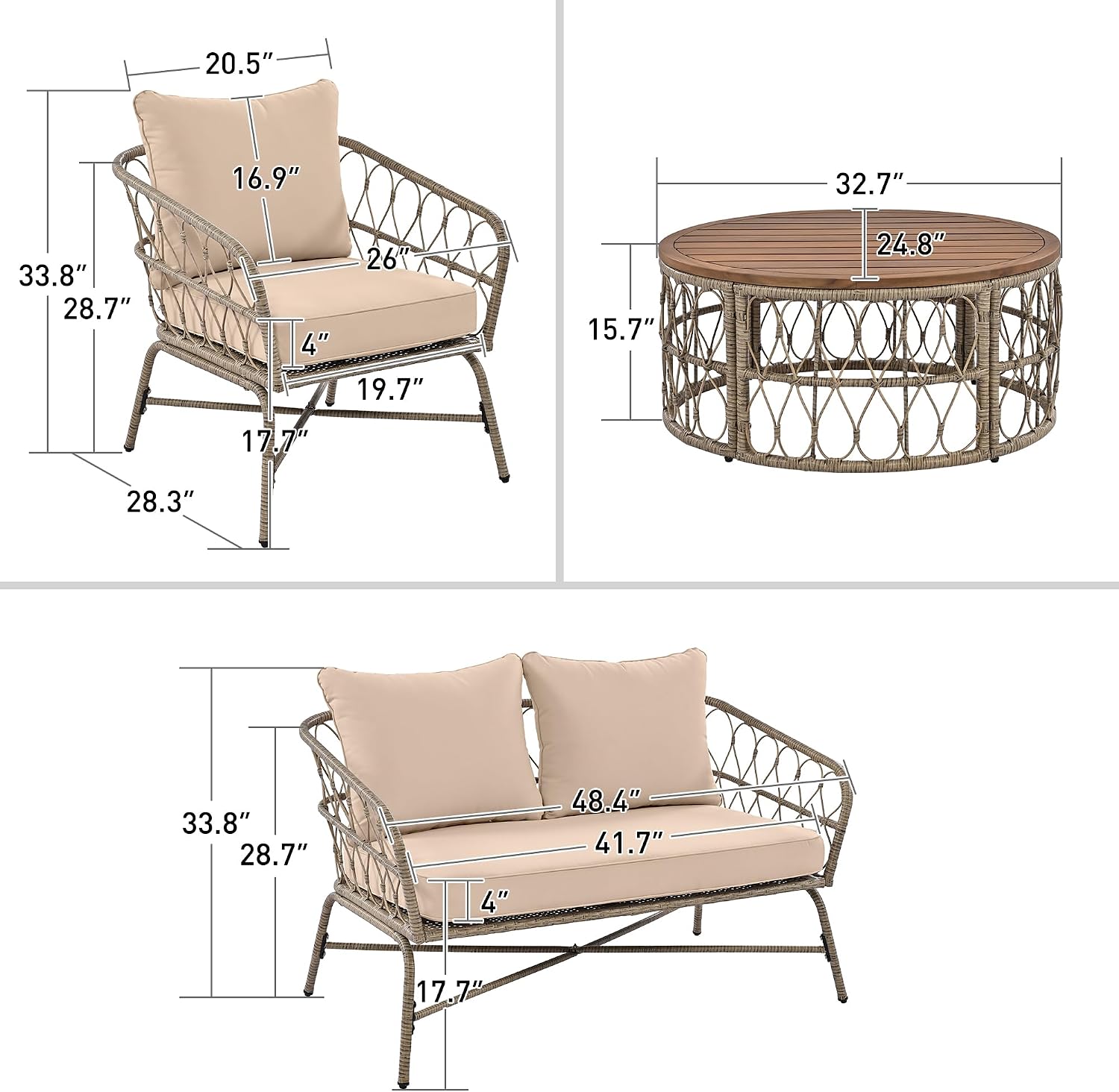 LUMISOL 4 Piece Patio Furniture Set with Wood Table, Outdoor Furniture Set with Removable Cushions, Outdoor Conversation Set for 4 Person, for Backyard Pool, Beige
