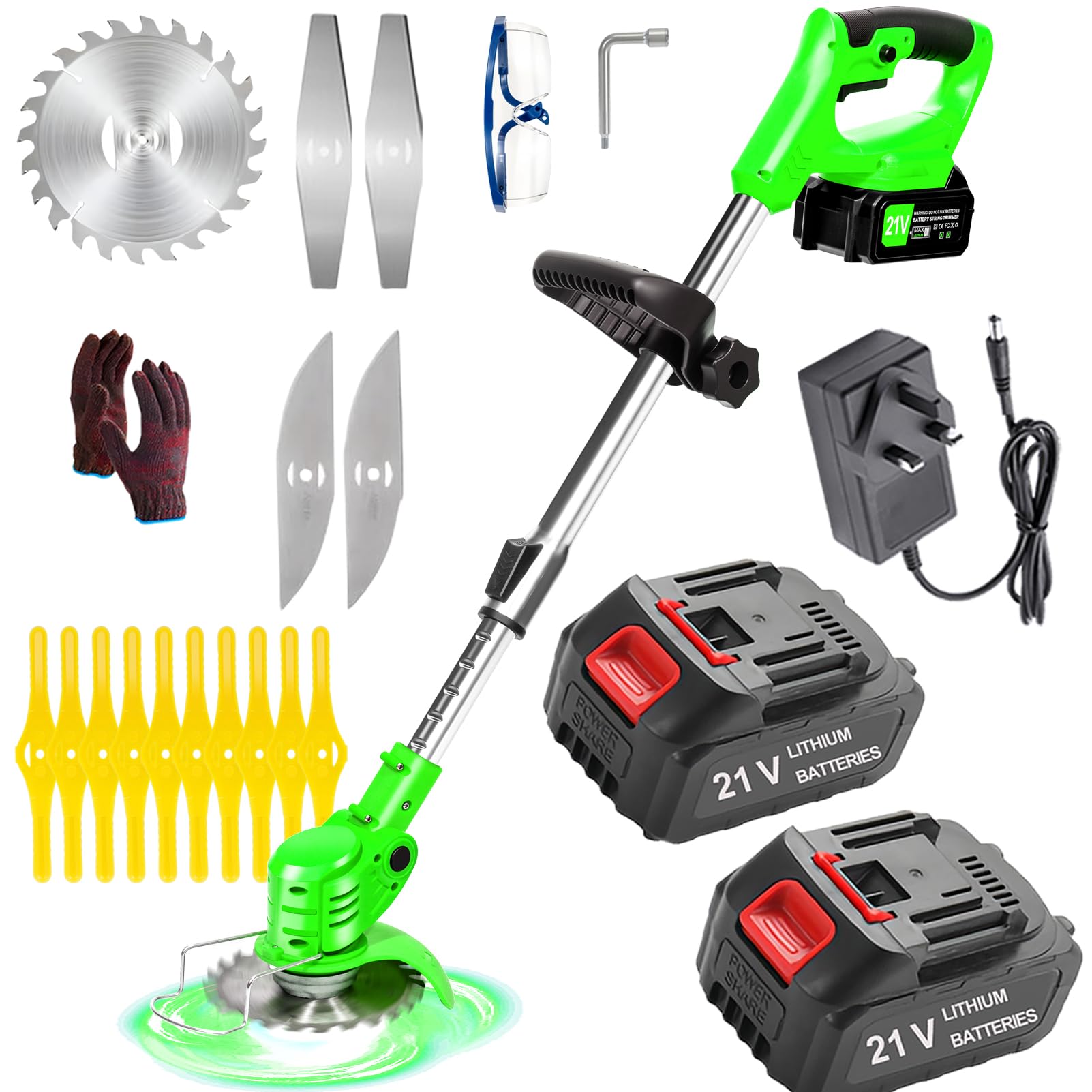 Debroussailleuse Electrique sans Fil 21V, Coupe Bordure sans Fil avec Batterie et 4 Types de Lames, Débroussailleuses Electrique Batterie pour la Coupe de Jardin, Pelouses et Terres Agricoles