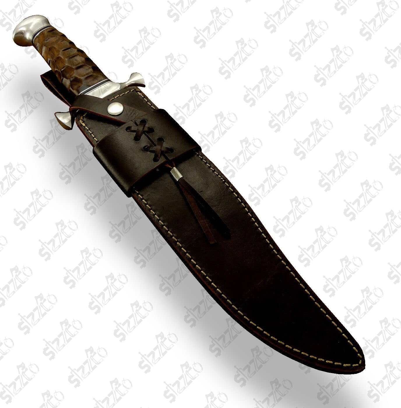 Custom Handmade D2 Steel Hunting Bowie Knife – Mirror Polished Blade – Burl Wood Handle & Steel Guard – Razor Sharp Outdoor Fixed Blade Survival Knife with Sheath – Gift for Men