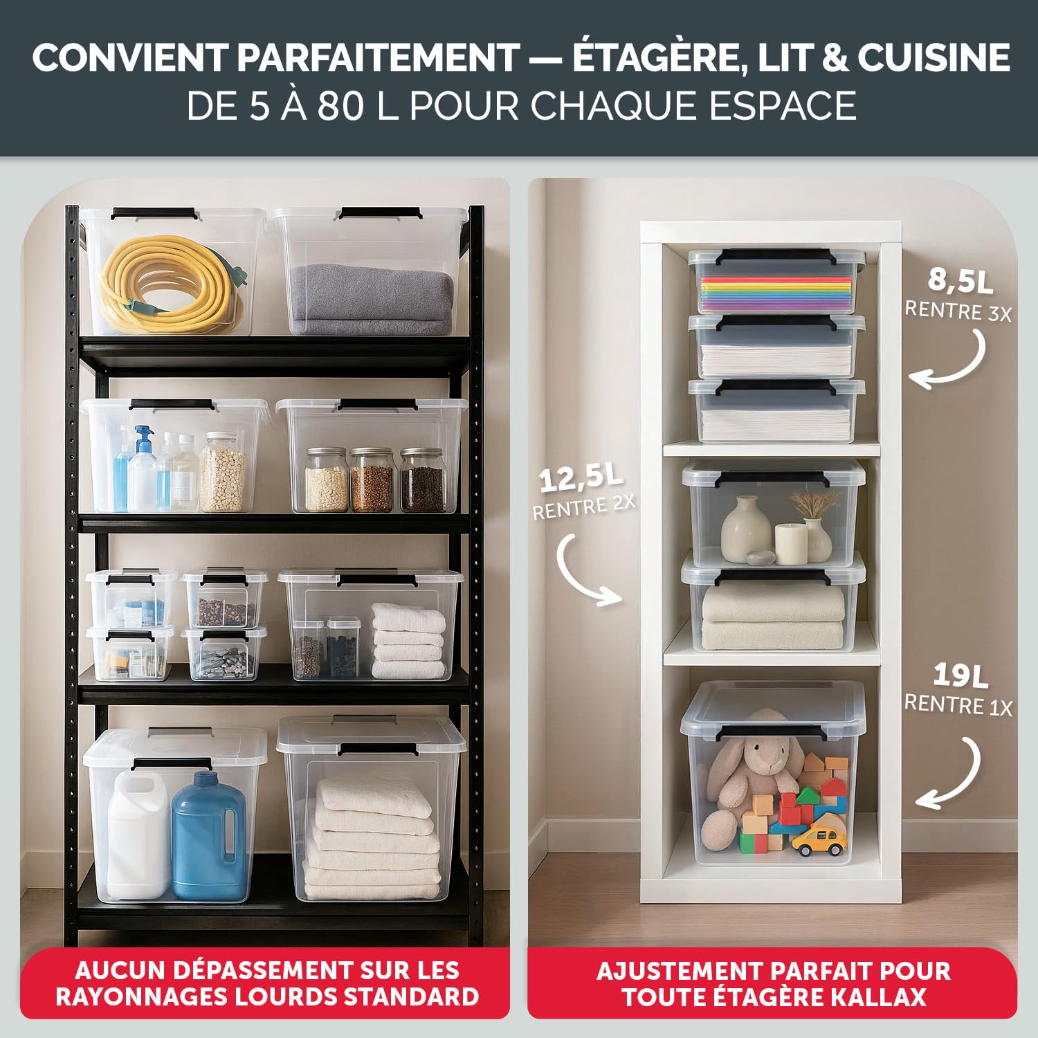 Boîtes de rangement avec couvercle 40 L - Lot de 2 – boîtes de rangement sans BPA et compatibles alimentaire – caisses de rangement avec couvercle