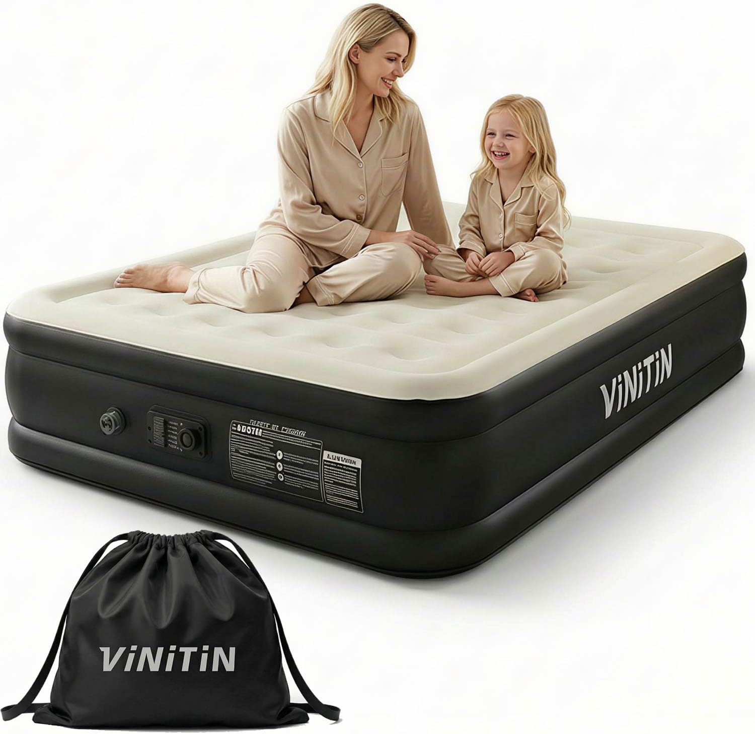 Queen Air Mattress with Built-in Pump, 16" Elevated Inflatable Bed for Home & Guests, Self-Inflating Blow Up Mattress with Flocked Top
