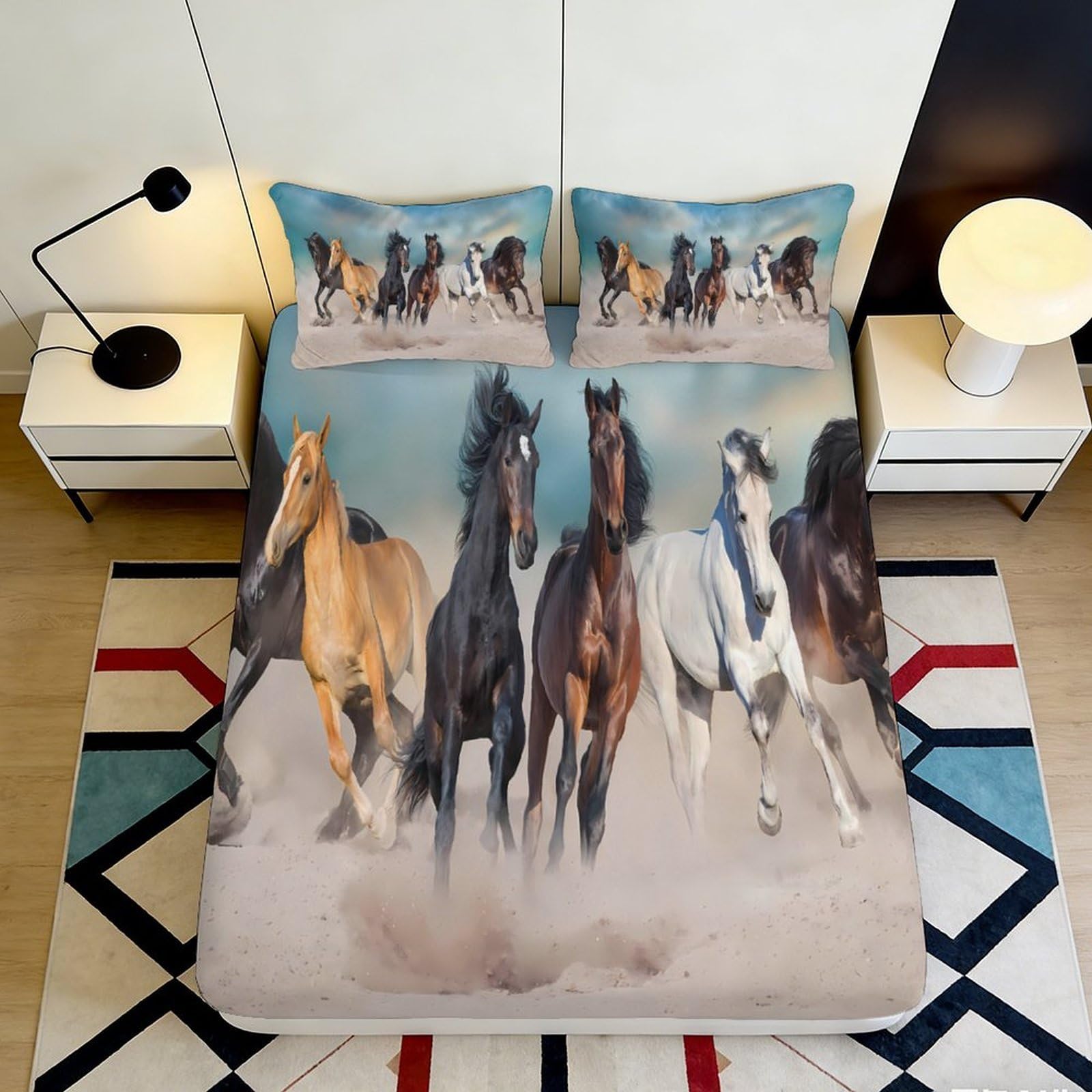 3D Printed Running Horses Fitted Sheet Microfiber Soft Durable Wild Horses Mattress Cover for Bedroom Dormitory Guest Room Bed Protection Decor 200x200x25cm