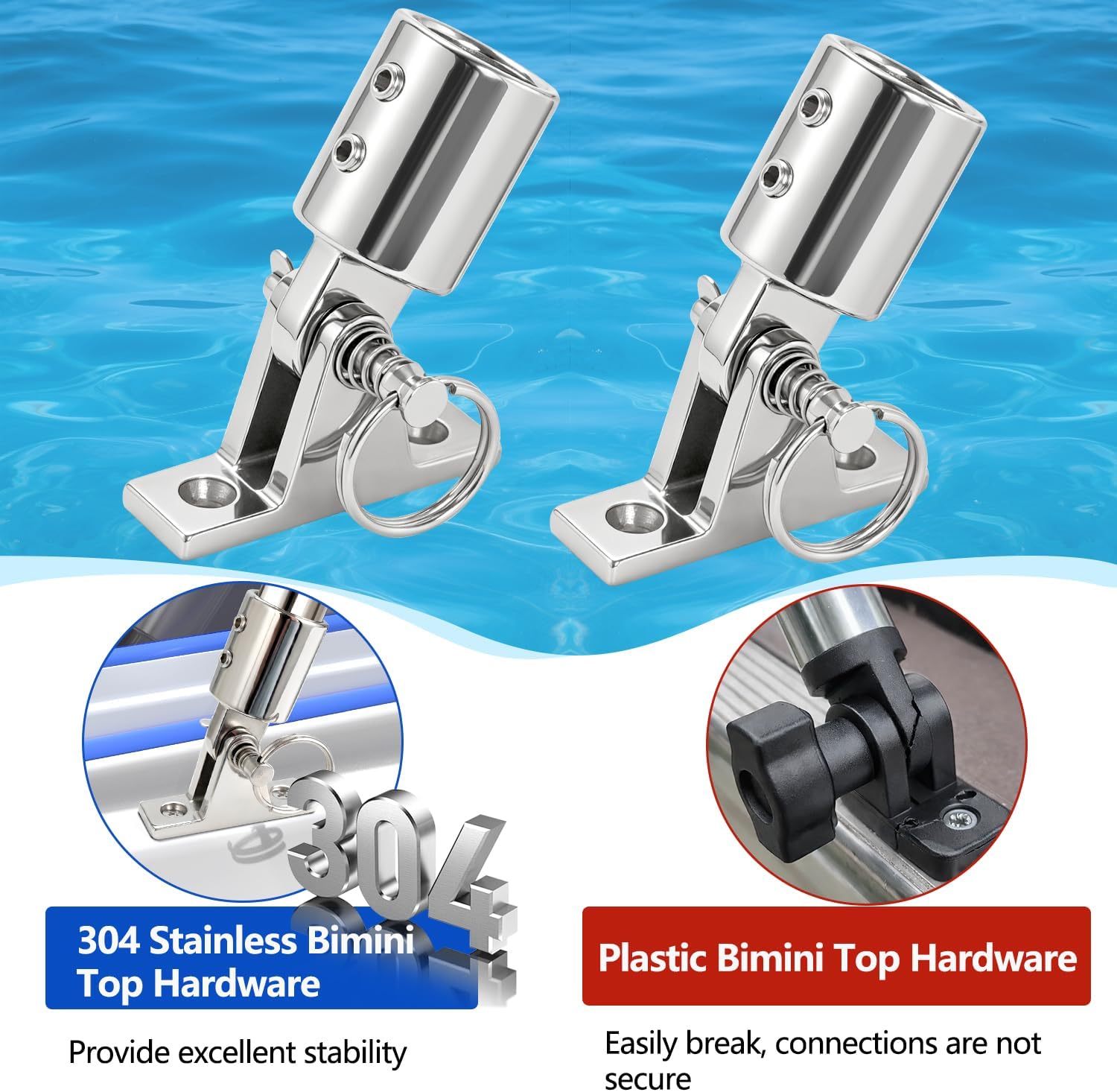 Bimini Top Hardware, 2 Eye End Cap and Bimini Top Brackets with Pin & Ring | 2Pack 304 Stainless Steel Boat Bimini Top Parts, Fits 7/8" OD Round Tube with L Shape Hex Key