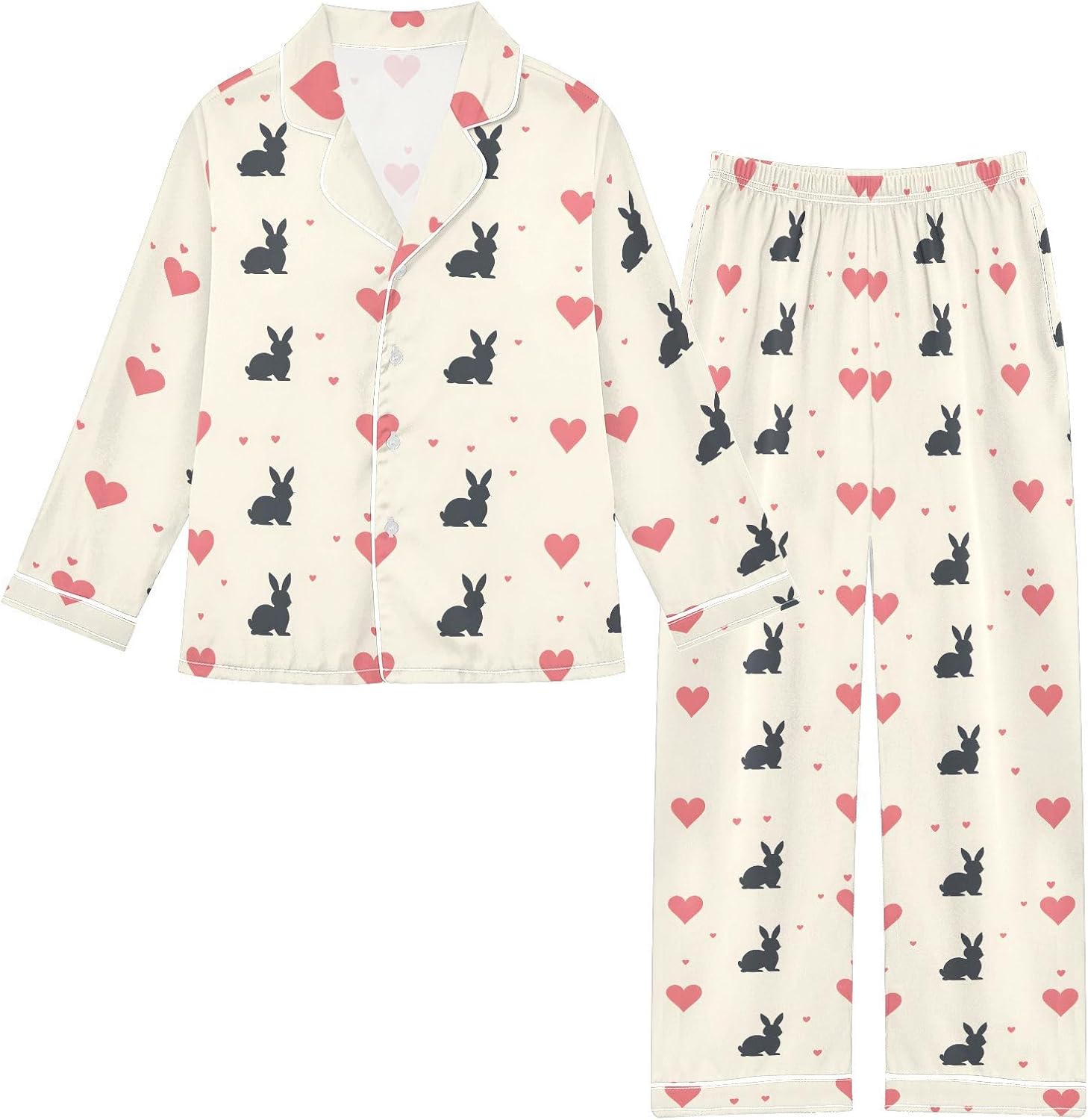 senya Black Rabbit Red Heart Satin Pajama Sets Long Sleeves Nightwear Button Down Sleepwear