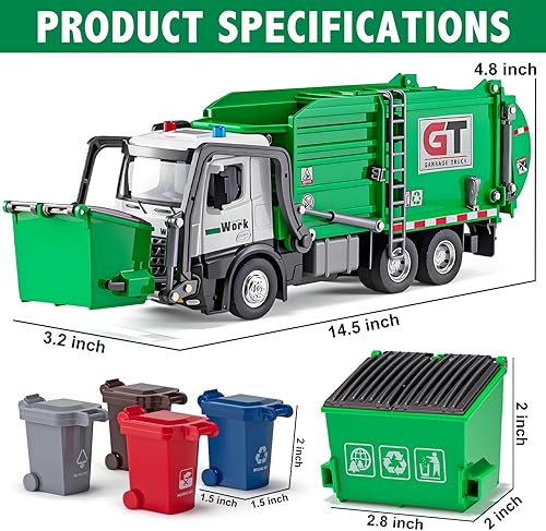 Miniatura 5 de Camión de basura con cabina de metal, juguetes realistas para niños con luces y sonidos, vehículos de reciclaje accionados por fricción, cargador