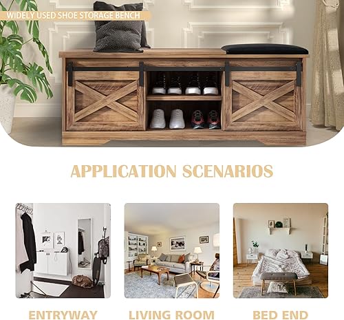 Miniatura 6 de SAINTCY Banco de zapatos de entrada con almacenamiento, armario de zapatos marrón con puerta corrediza de granero, banco de almacenamiento interior