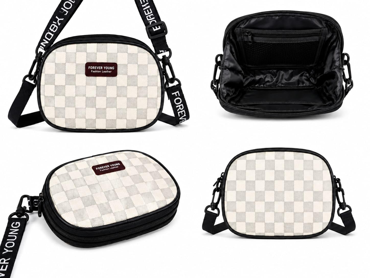 Women's Stylish PU Leather Sling Bag | Checkered Crossbody Shoulder Bag | Adjustable Strap | Zipper Closure | Lightweight Mini Travel Purse | White & Grey-image-33