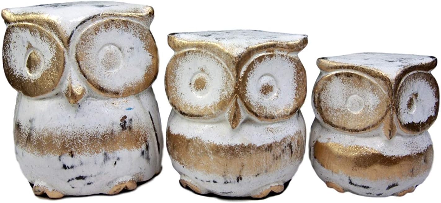 Hand Made Wood Artisans Burung Hantu Senja White and Gold Forest Owl Family Set of 3 Decorative Figurines 3.75" H