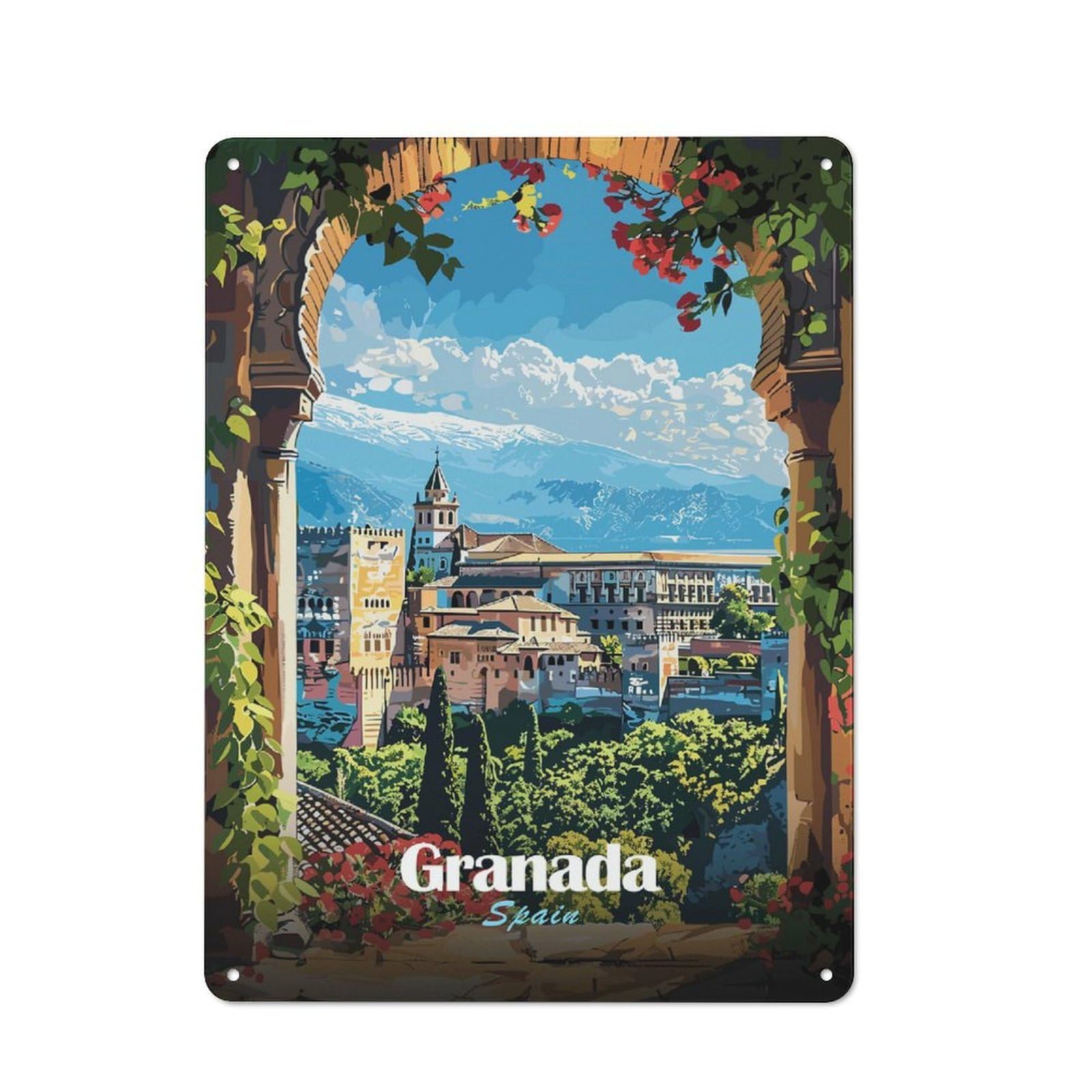 Junmoney Style Granada, Spain Cityscape Retro Tin Wall Plaque 40X30cm For Hobby Room Or Studio, New Home Wall Decor For Hobby Room Decor Fans